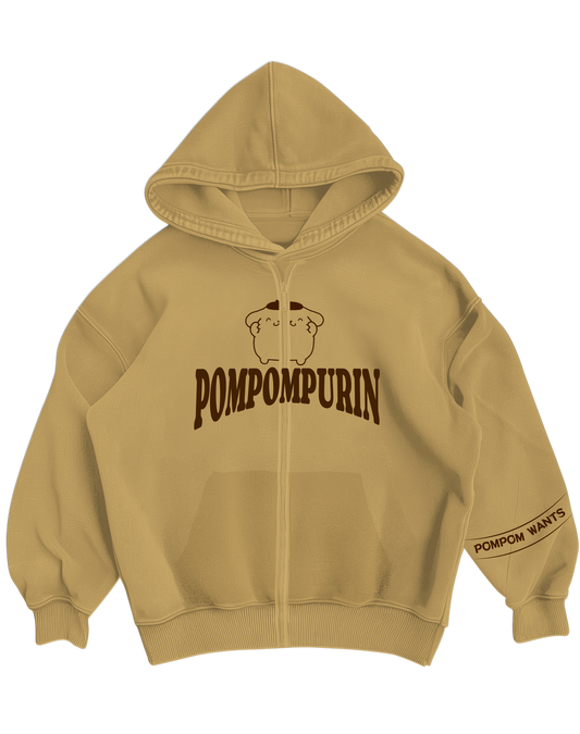 POMPOMPURIN - BEIGE OVERSIZED ZIP UP HOODIE