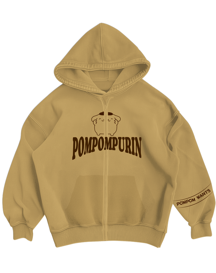 POMPOMPURIN - BEIGE OVERSIZED ZIP UP HOODIE