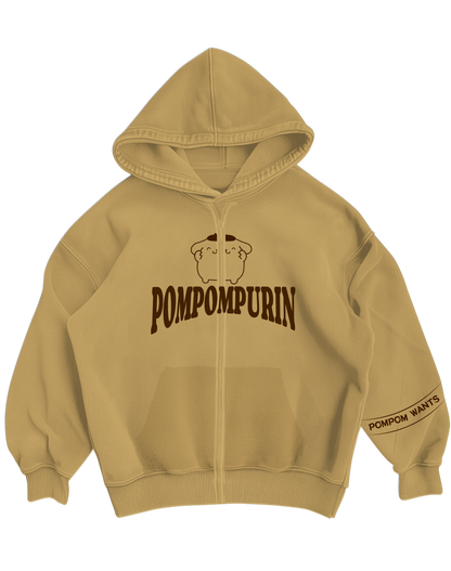 POMPOMPURIN - BEIGE OVERSIZED ZIP UP HOODIE