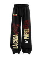 Black unisex cotton sweatpants with relaxed fit, elastic waistband, and side pockets  perfect for casual wear, gym, and loungewear in India, gothic , streetwear,streetstyle , menswear , women's wear, money heist, money heist sweatpants 