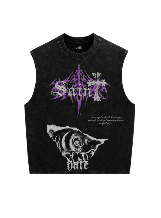 Trendy oversized black vest with bold graphic print – perfect streetwear for Gen Z in India, ideal for casual college and urban fashion looks. Unisex vest 