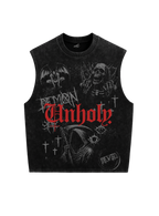 Trendy oversized black Vest with bold graphic print – perfect streetwear for Gen Z in India, ideal for casual college and urban fashion looks.